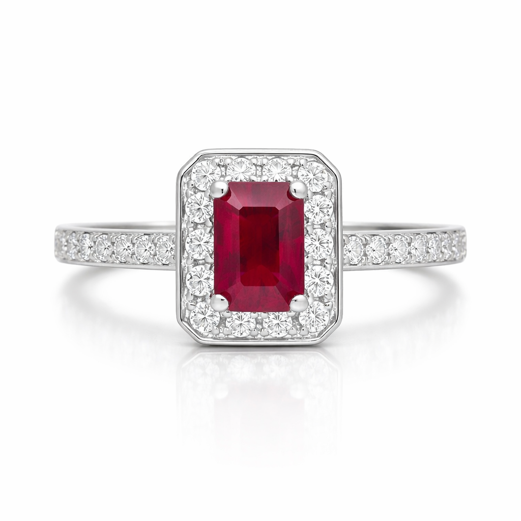 18ct White Gold Ruby Diamond Emerald Cut Shoulder Set Cluster Ring 36748 Image 2