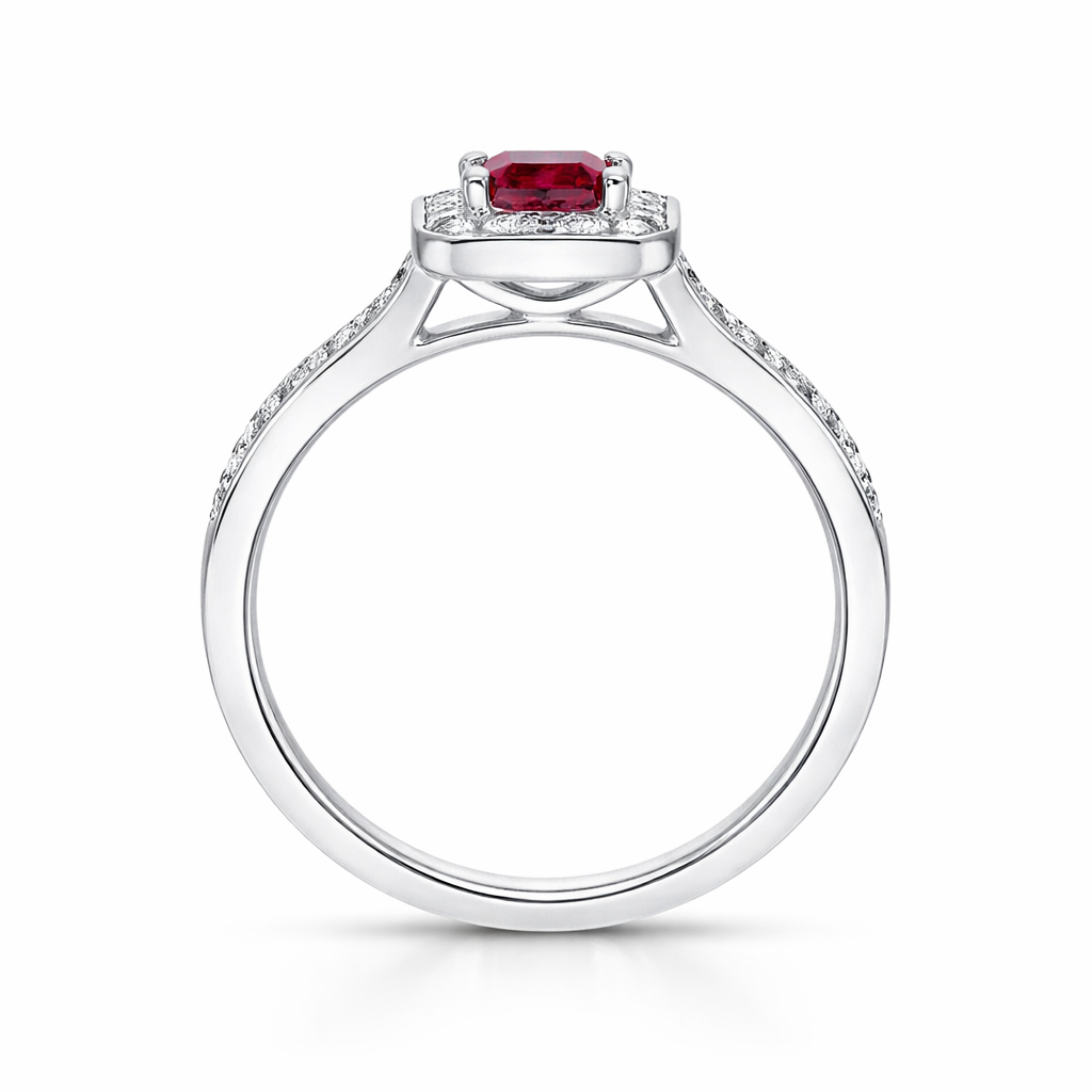 18ct White Gold Ruby Diamond Emerald Cut Shoulder Set Cluster Ring 36748 Image 3
