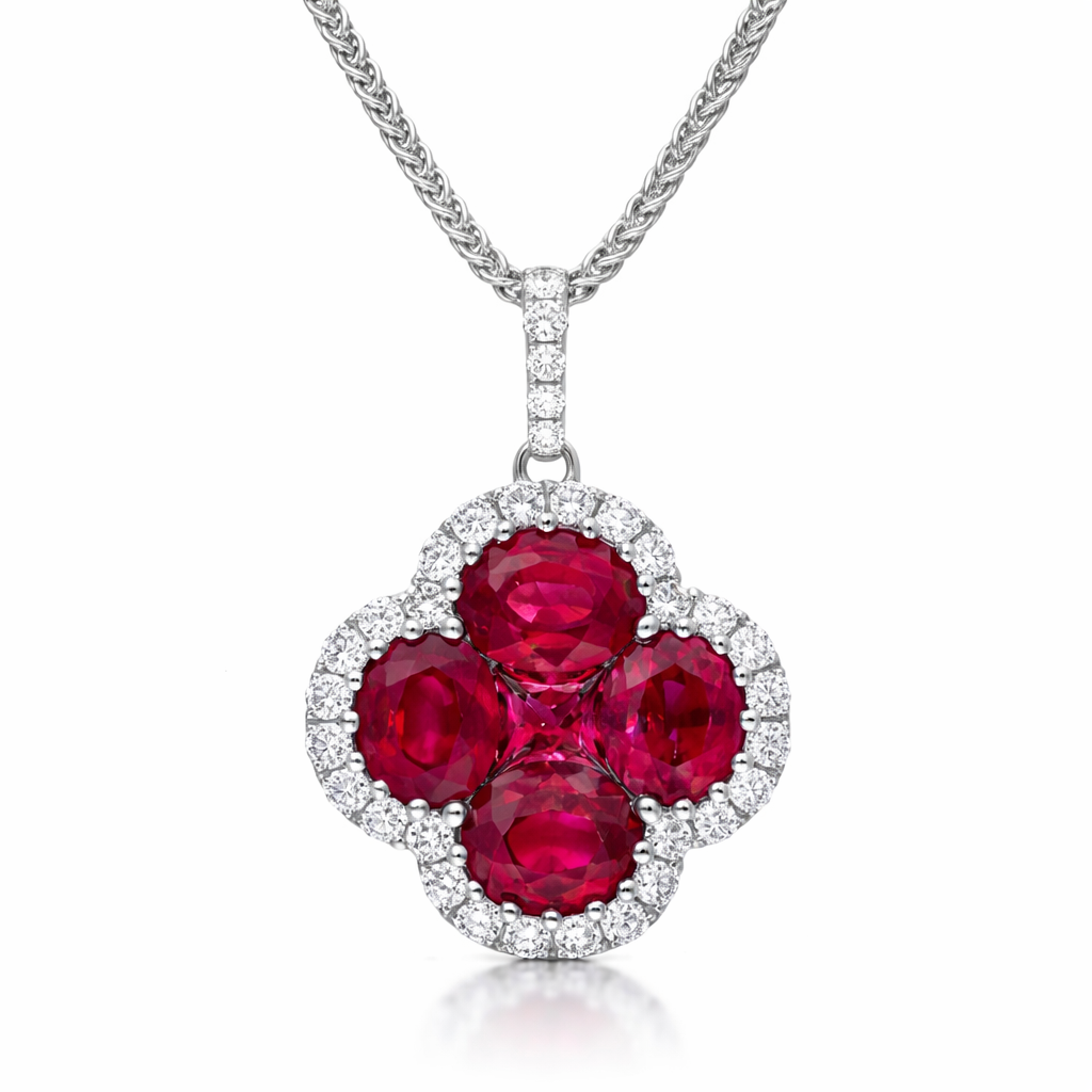 18ct White Gold Ruby Diamond Flower Cluster Necklace 36830 Image 1