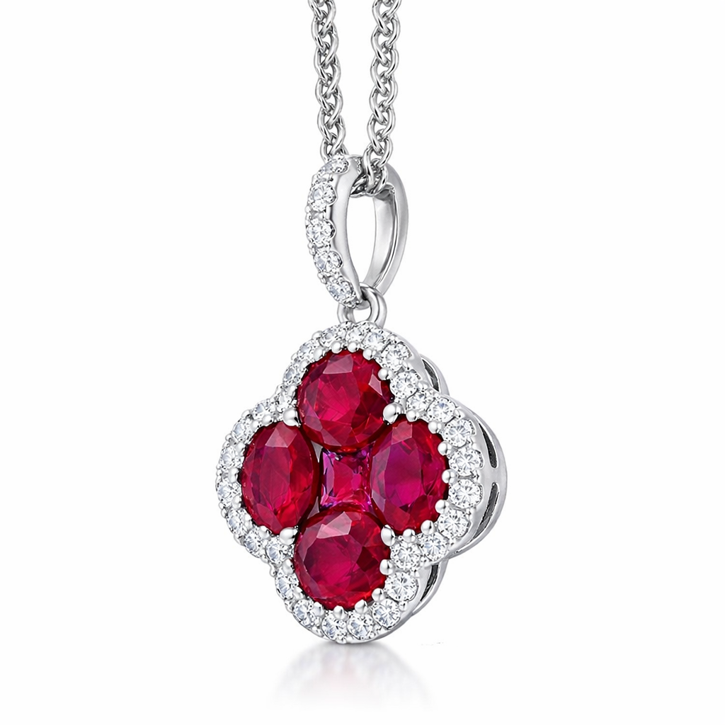 18ct White Gold Ruby Diamond Flower Cluster Necklace 36830 Image 2