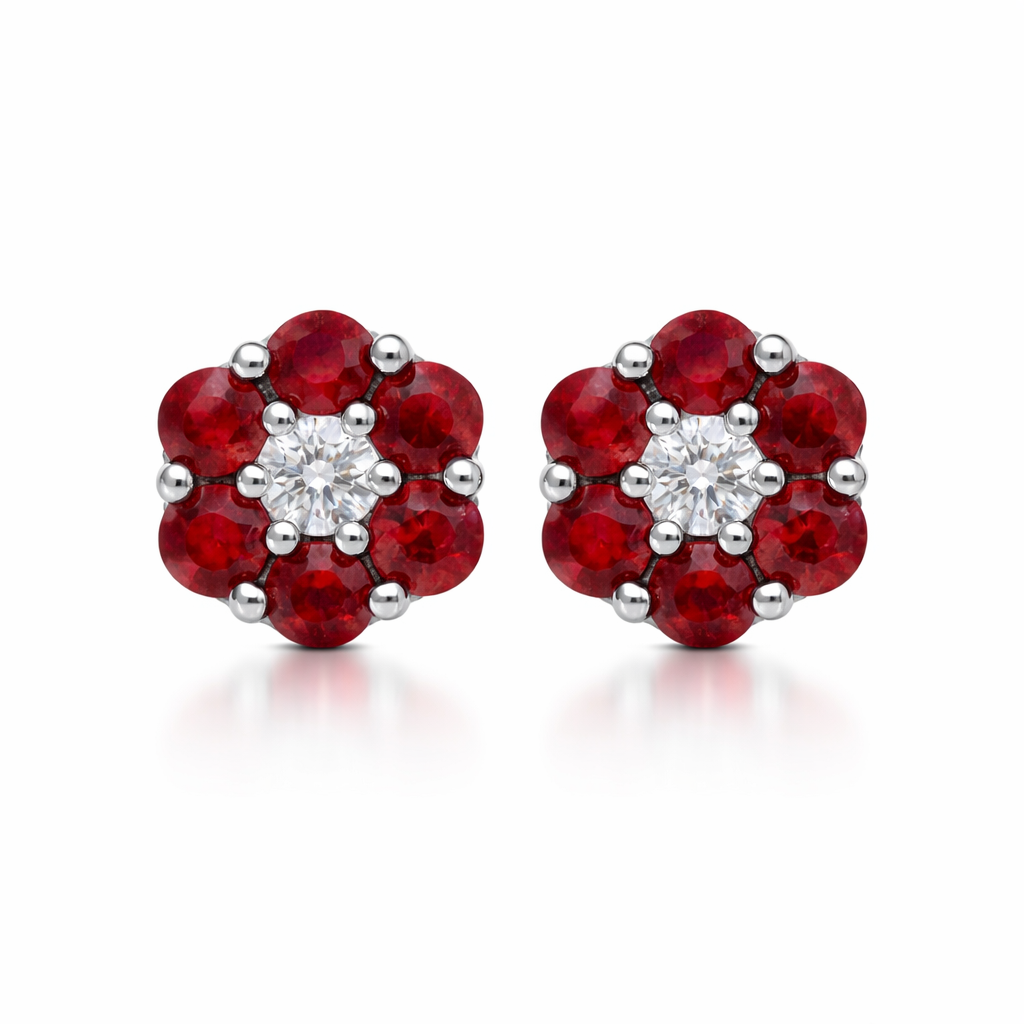 18ct White Gold Ruby Diamond Flower Stud Earrings 39728 Image 1