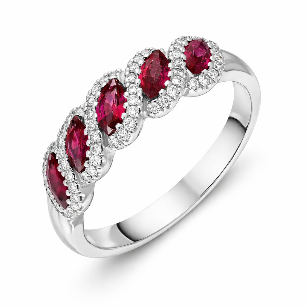18ct White Gold Ruby Diamond Marquise Half Eternity Ring D391 Image 1