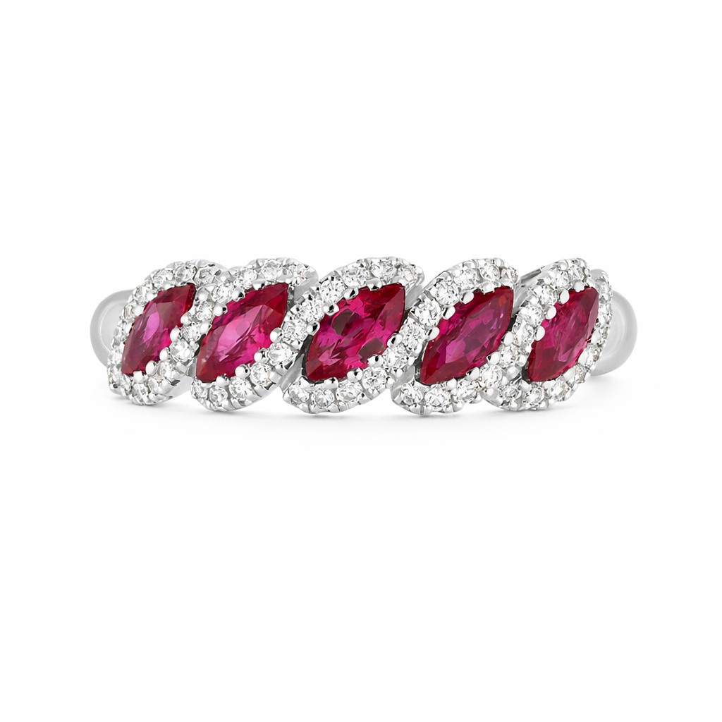 18ct White Gold Ruby Diamond Marquise Half Eternity Ring D391 Image 2