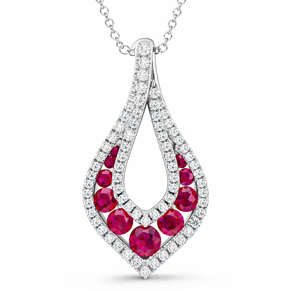 18ct White Gold Ruby Diamond Open Teardrop Pendant Necklace C212 Image 1