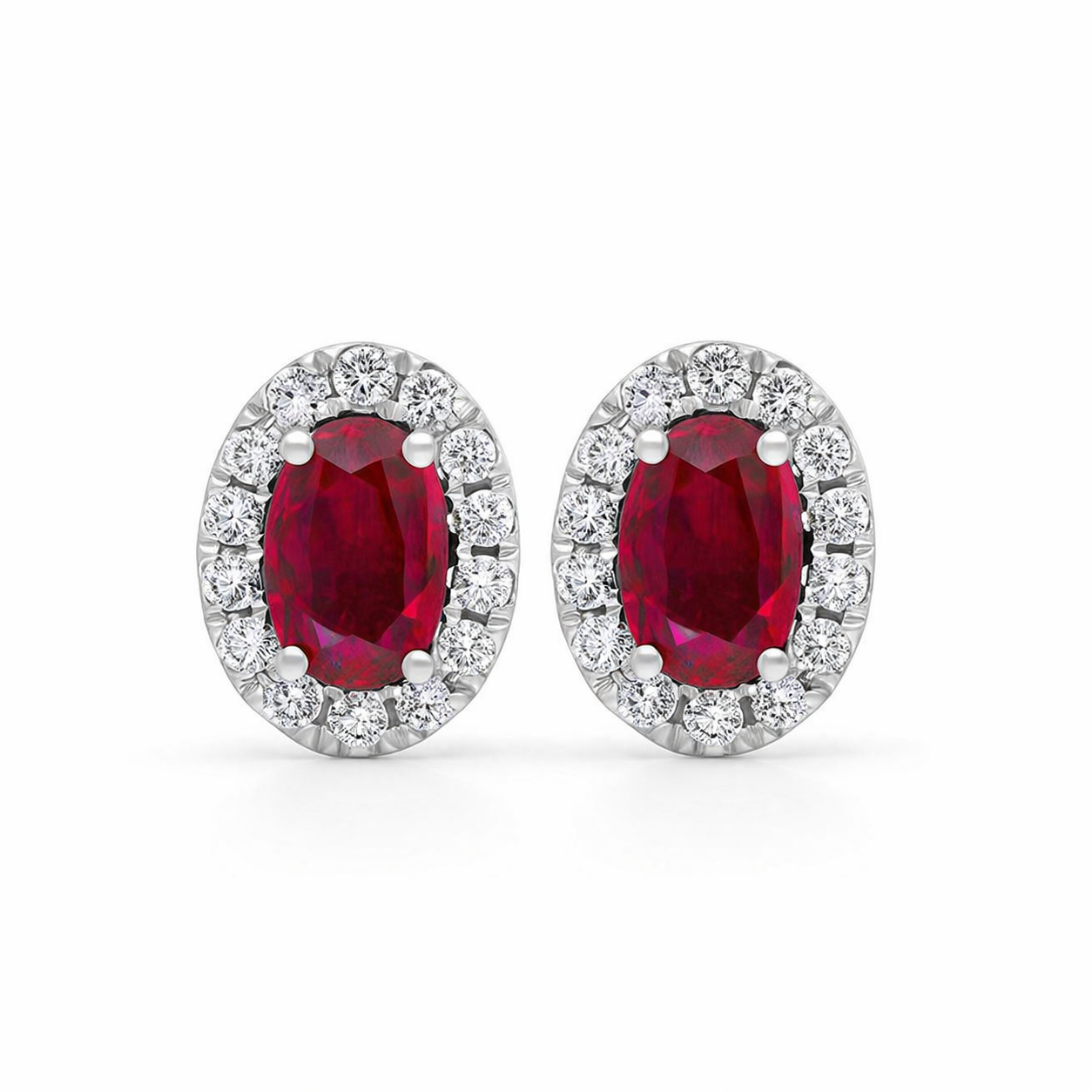 18ct White Gold Ruby Diamond Oval Cluster Stud Earrings 39748 Image 1