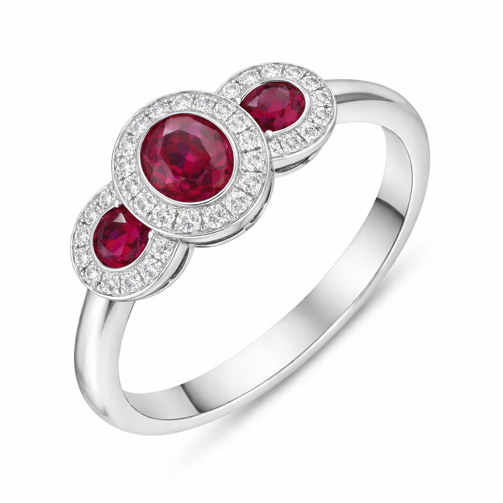 18ct White Gold Ruby Diamond Pave Oval Cluster Ring D141 Image 1