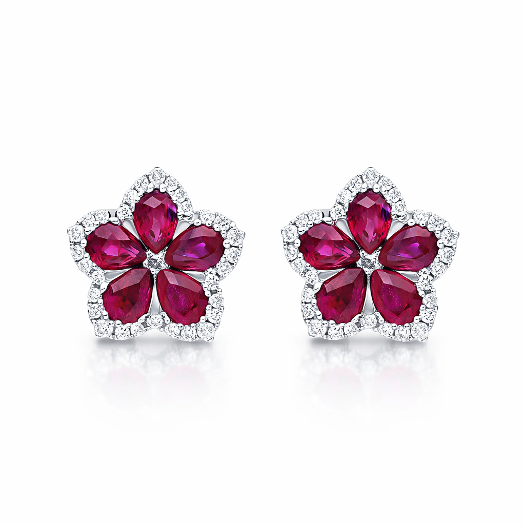 18ct White Gold Ruby Diamond Pear Cluster Flower Stud Earrings H530 Image 1