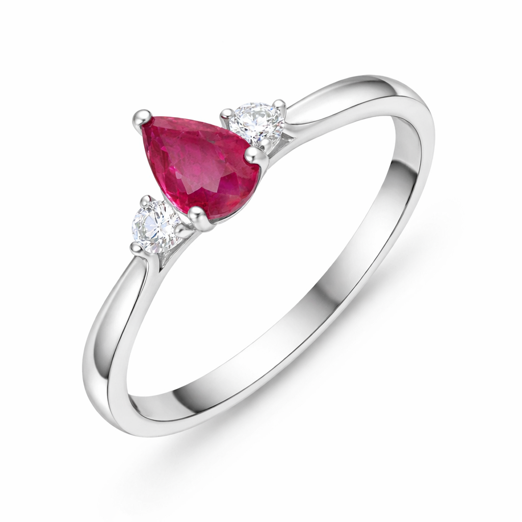 18ct White Gold Ruby Diamond Pear Cut Three Stone Ring J452 Image 1