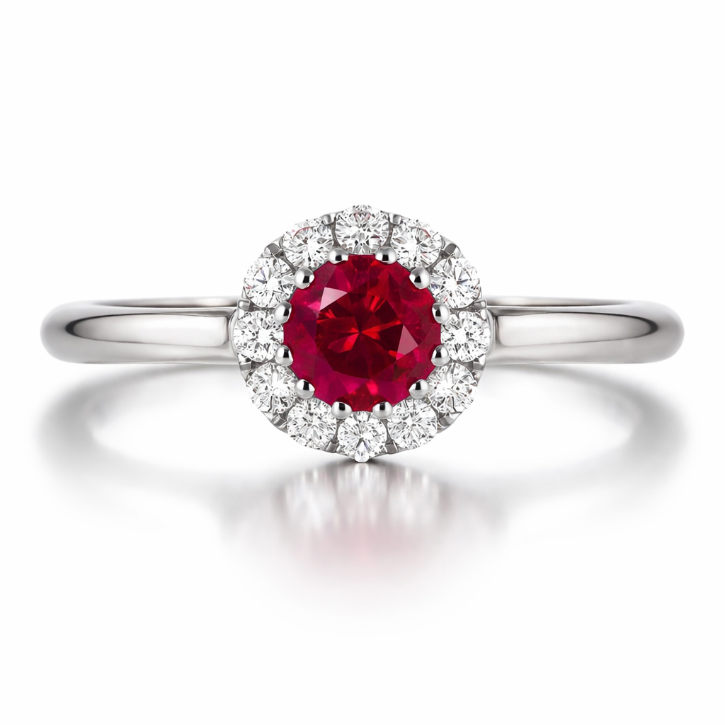 18ct White Gold Ruby Diamond Round Halo Ring G30 Image 2