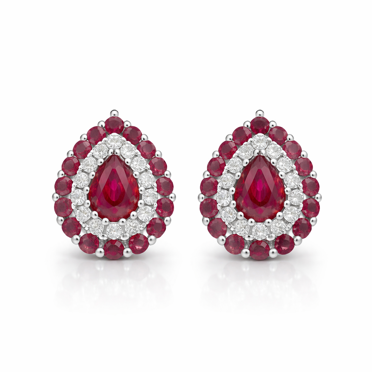 18ct White Gold Ruby Diamond Surround Teardrop Stud Earrings 36859 Image 1