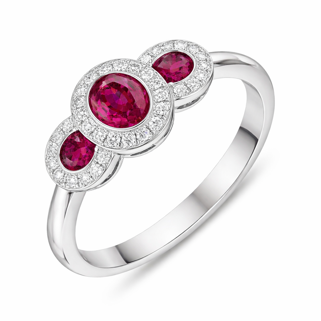 18ct White Gold Ruby Diamond Triple Pave Cluster Ring D138 Image 1