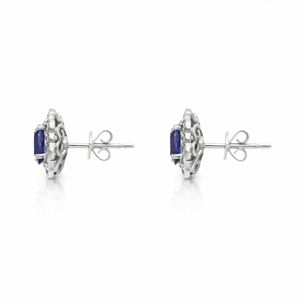 18ct White Gold Sapphire Diamond Oval Cluster Stud Earrings 29470 Image 2