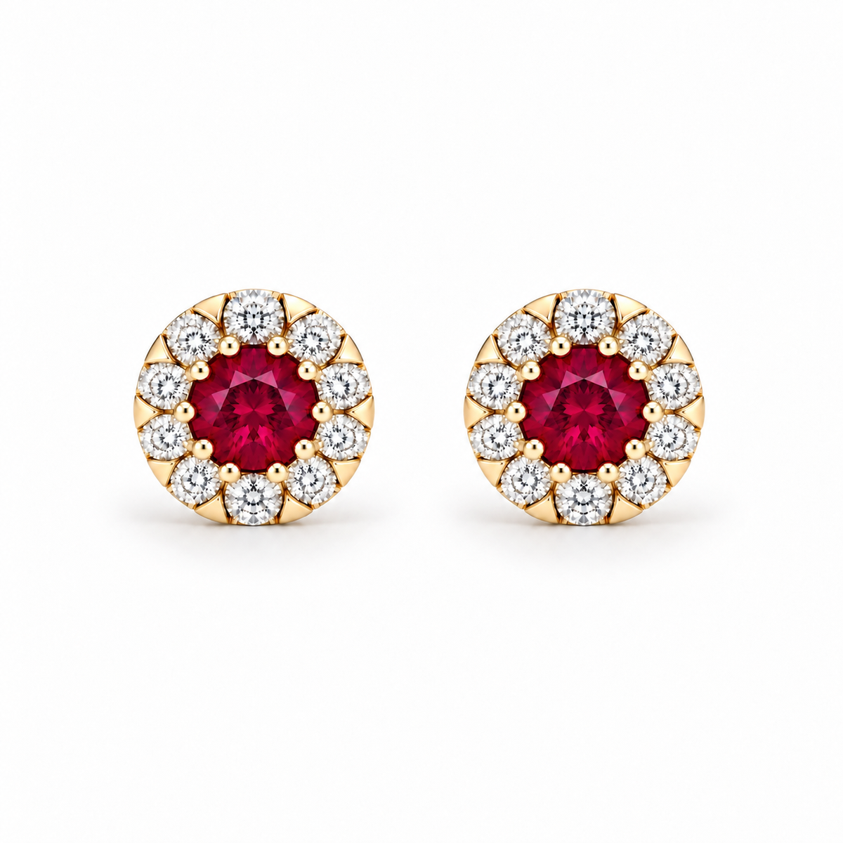 18ct Yellow Gold 0.66ct Ruby and Diamond Halo Cluster Stud Earrings