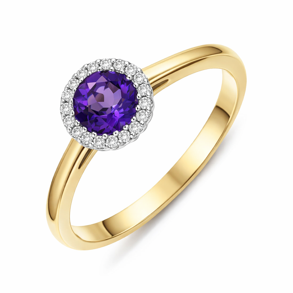 18ct Yellow Gold Amethyst Diamond Round Cut Halo Ring RTT-1637-AM Image 1