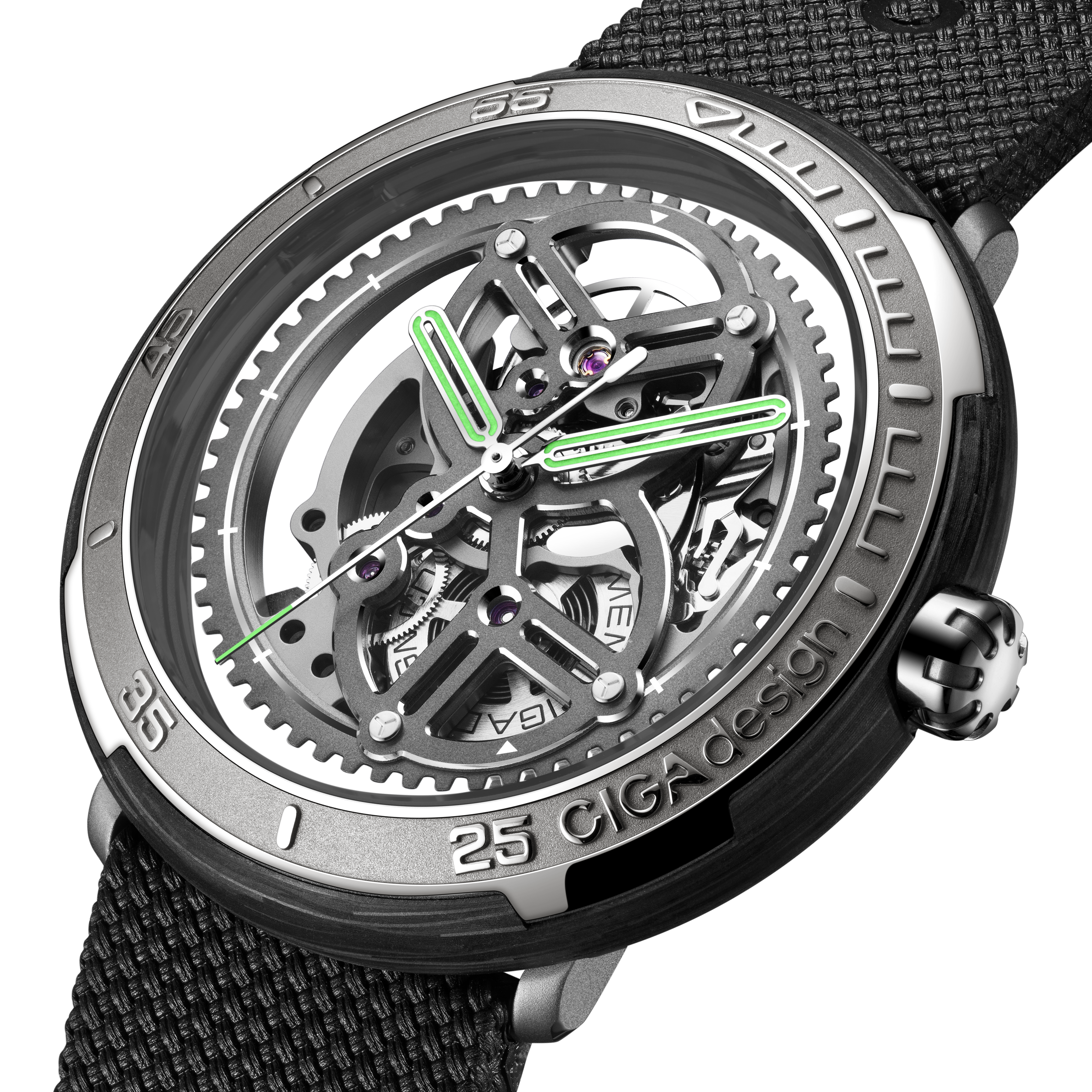 CIGA Design Racing Inspired Vector Carbon Skeleton Watch Angled Front View