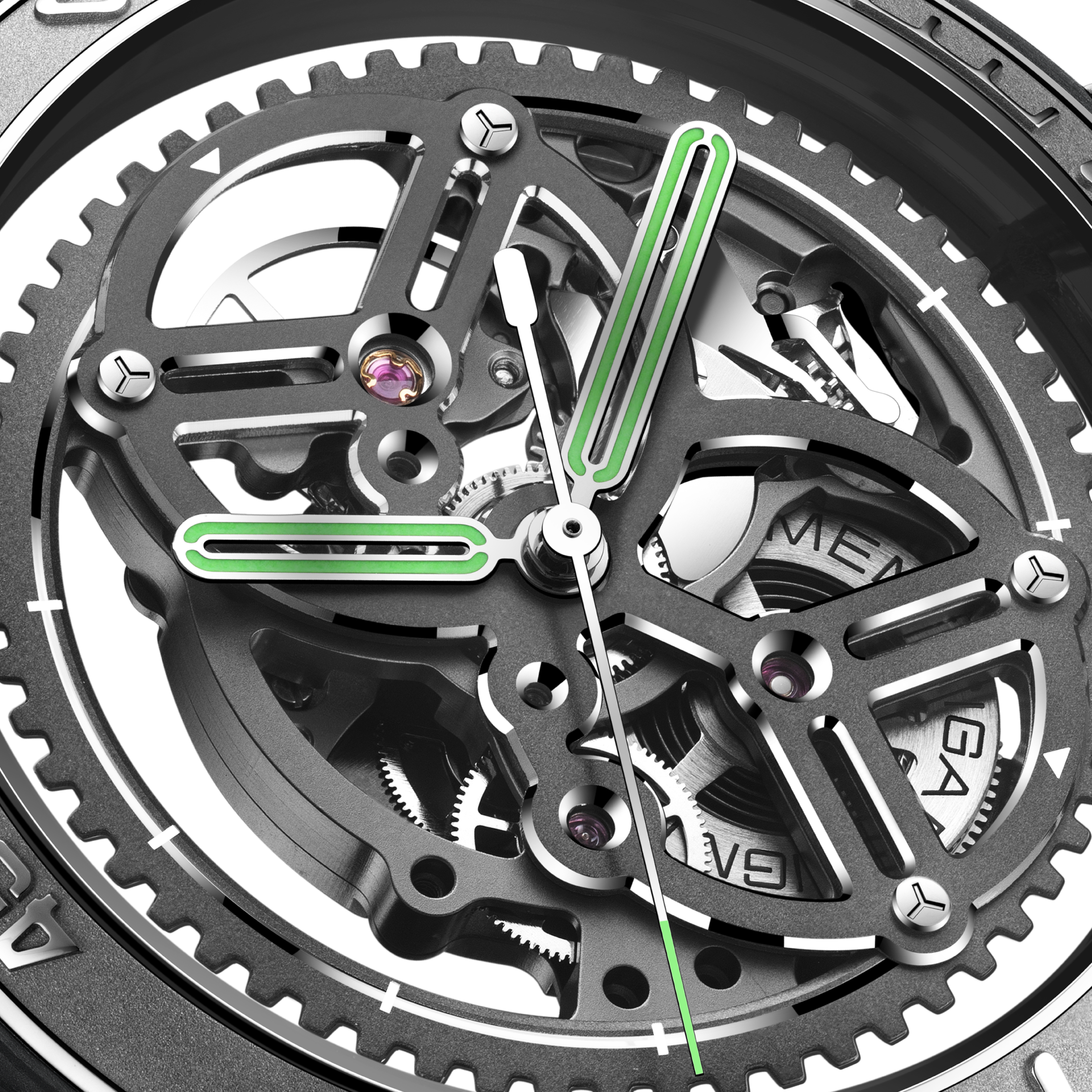 CIGA Design Racing Inspired Vector Carbon Skeleton Watch Skeleton Dial Macro Close Up