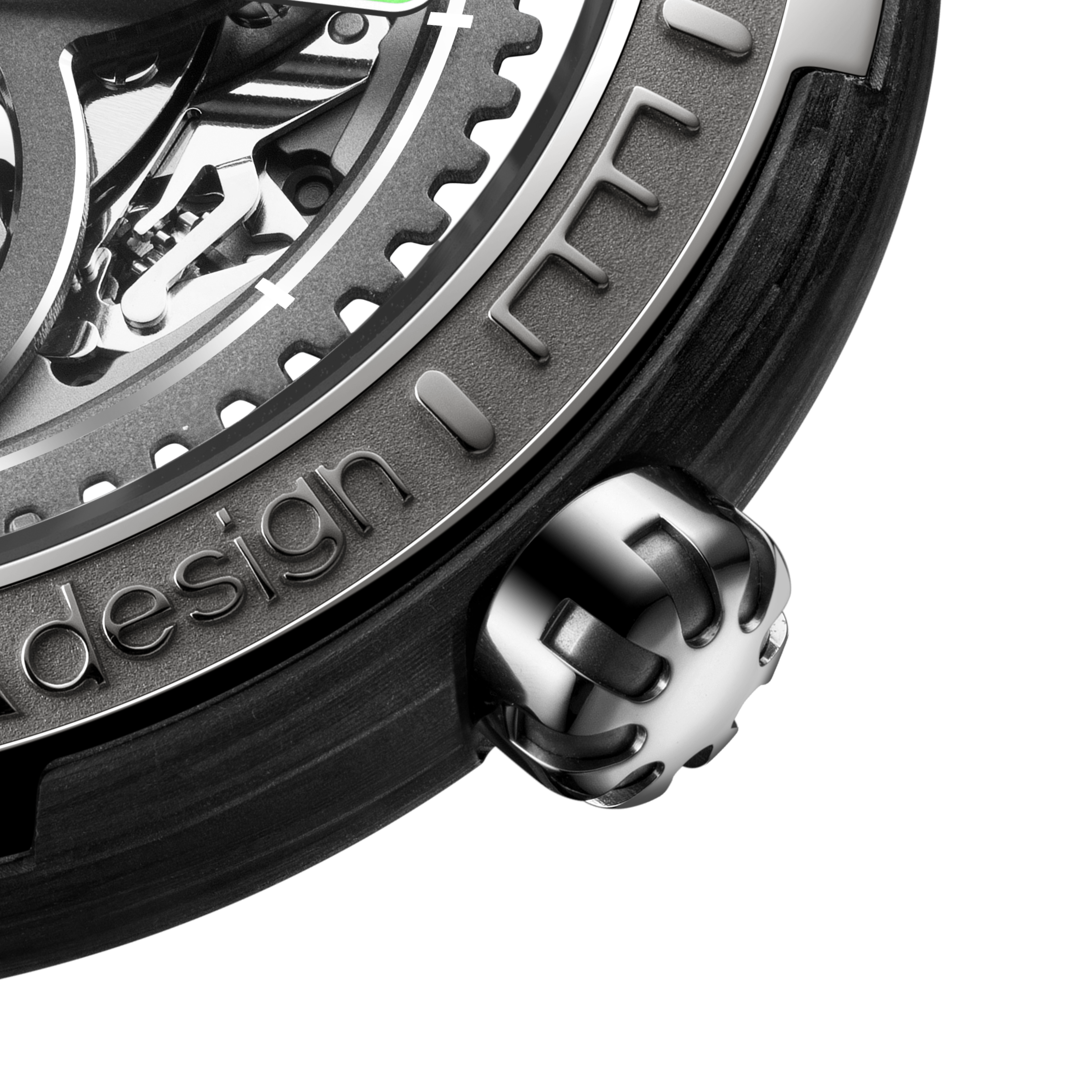CIGA Design Racing Inspired Vector Carbon Skeleton Watch Bezel and Carbon Case Detail Close Up