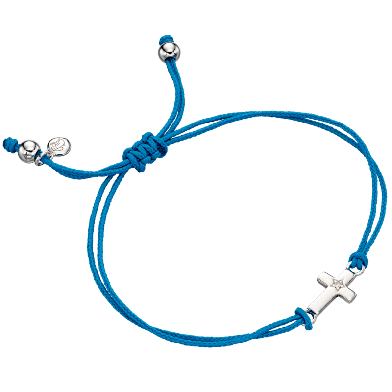 Little Star Sterling Silver Diamond Cross Blue Cord Lara Bracelet LSB0114