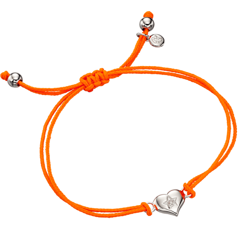 Little Star Sterling Silver Diamond Heart Orange Cord Kati Bracelet
