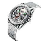 CIGA Design Falcon Round Automatic Skeleton Watch with silver steel bracelet and skeleton dial angled front view