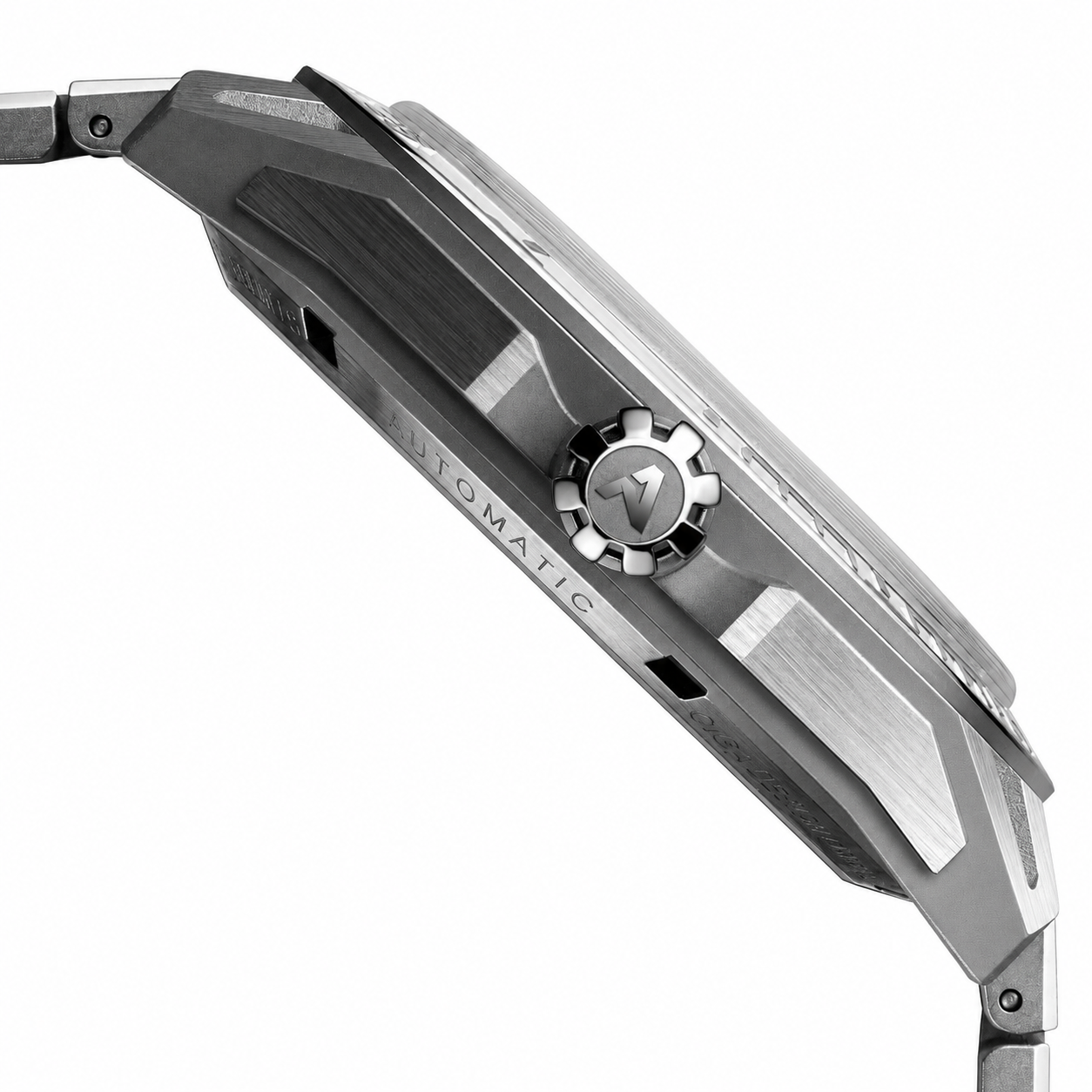 CIGA Design Falcon Round Automatic Skeleton Watch silver steel bracelet side profile showing angular stainless steel case and signed crown