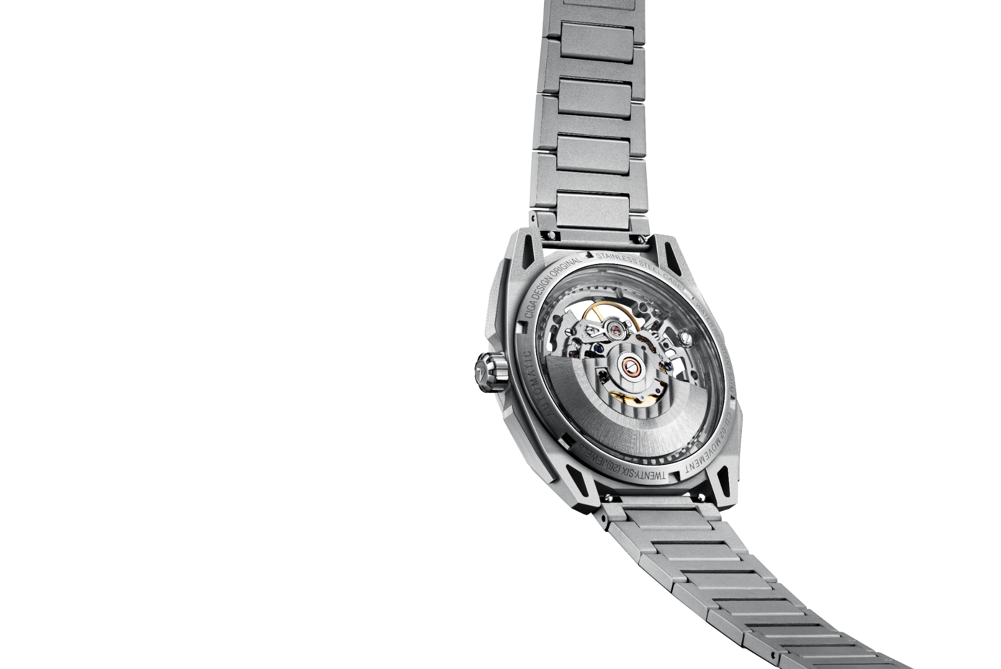 CIGA Design Falcon Round Automatic Skeleton Watch exhibition caseback view with automatic movement and steel bracelet