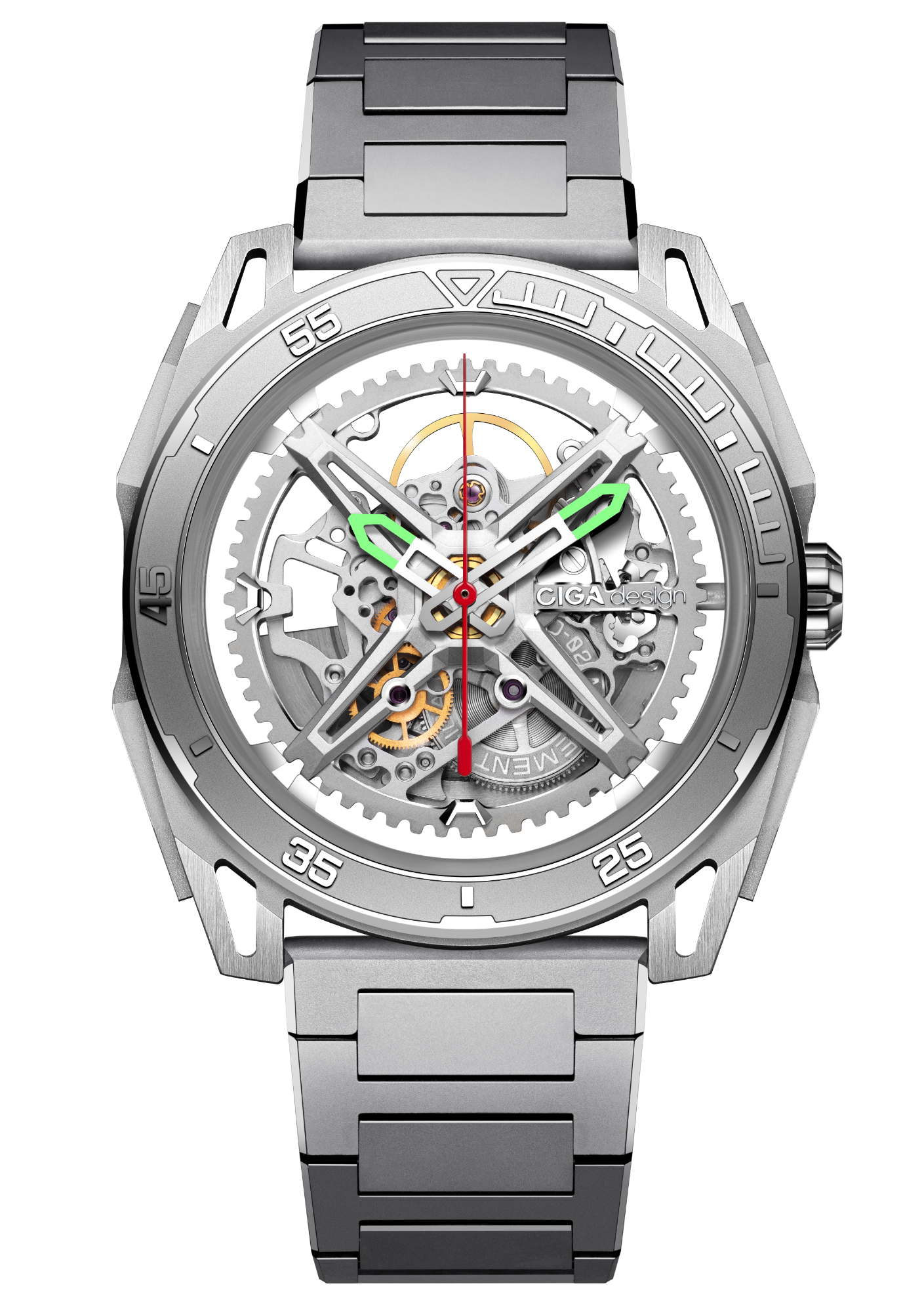 CIGA Design Falcon Round Automatic Skeleton Watch front dial view with skeleton automatic movement and silver steel bracelet