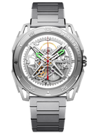 CIGA Design Falcon Round Automatic Skeleton Watch front dial view with skeleton automatic movement and silver steel bracelet