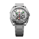 CIGA Design Falcon Round Automatic Skeleton Watch full frontal view featuring skeleton dial and integrated silver steel bracelet