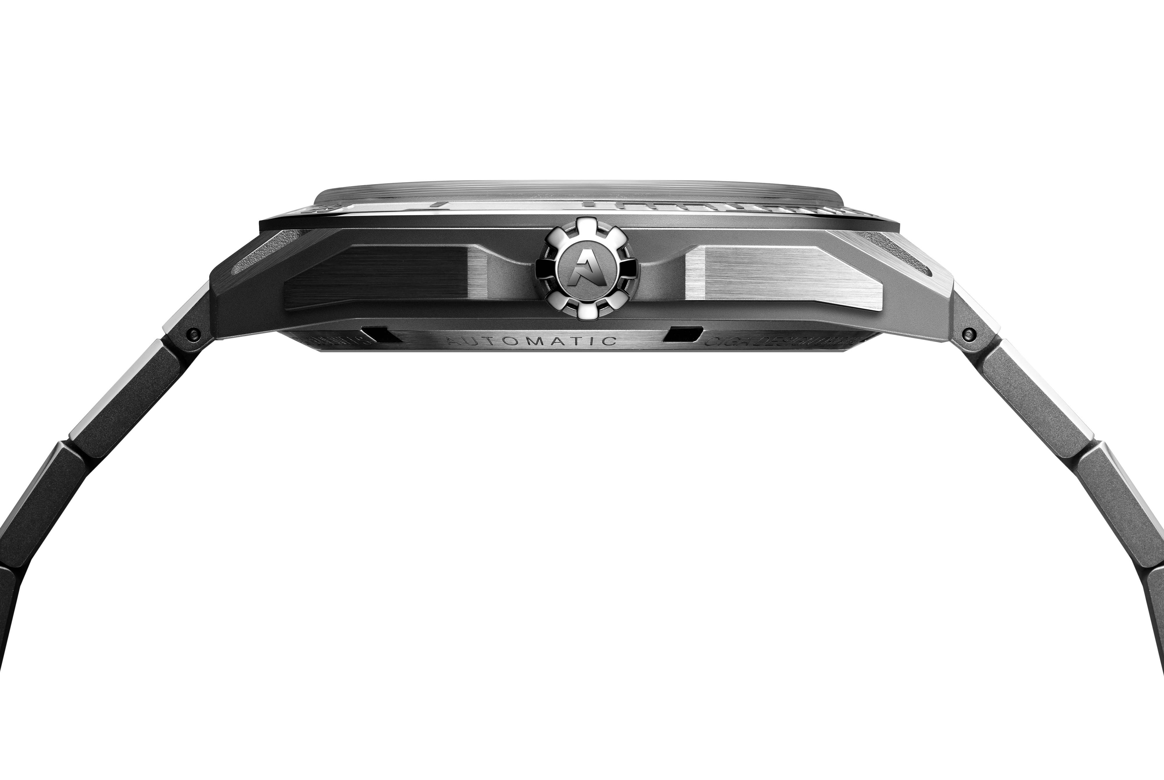 CIGA Design Falcon Round Automatic Skeleton Watch side profile view showing stainless steel case and bracelet