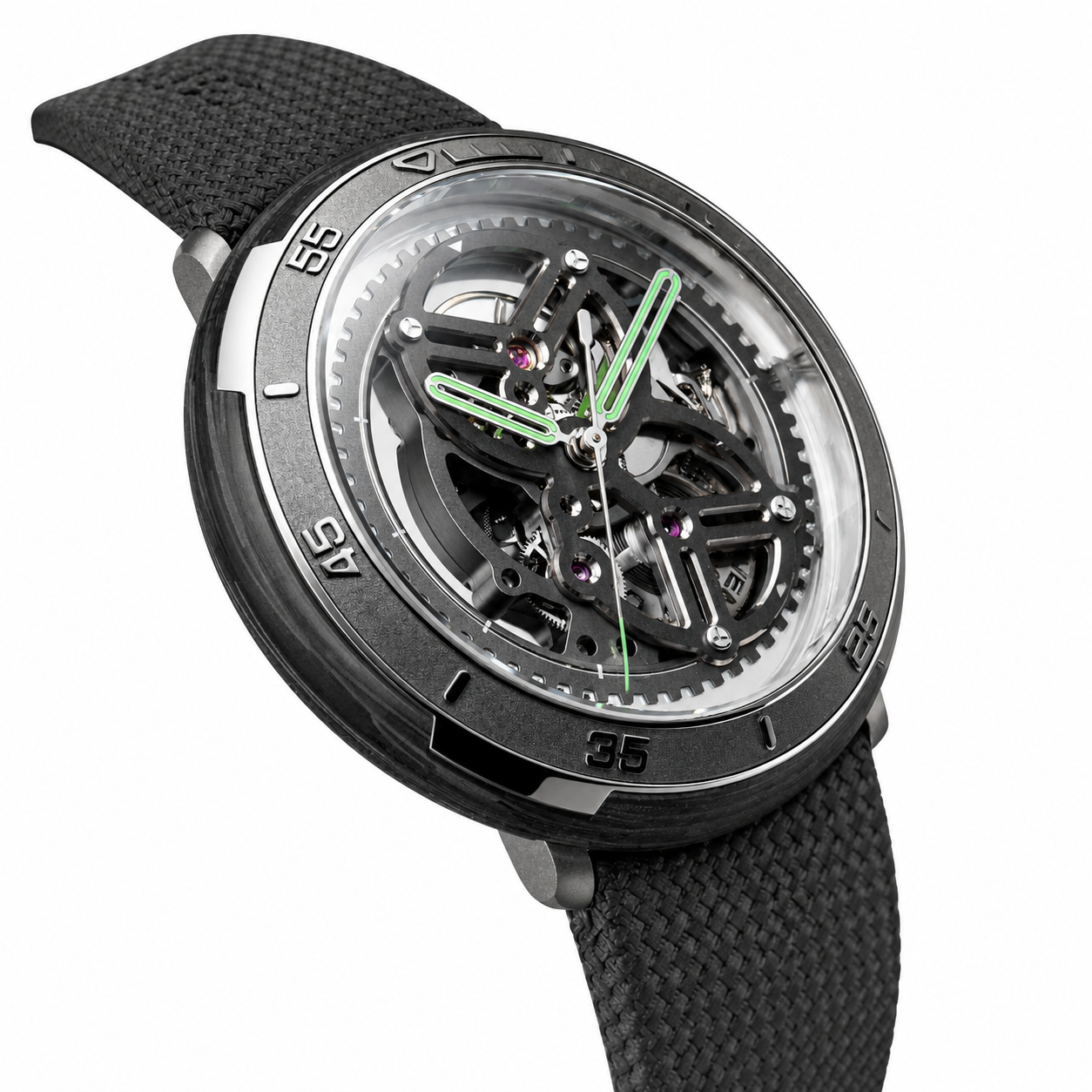 CIGA Design Vector Carbon skeleton automatic watch three quarter front view featuring carbon titanium case and skeleton dial