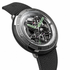 CIGA Design Vector Carbon skeleton automatic watch three quarter front view featuring carbon titanium case and skeleton dial