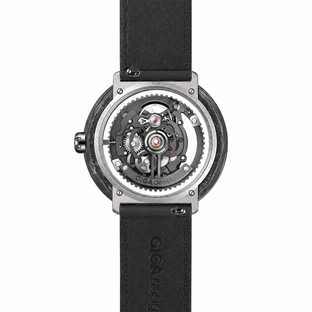 CIGA Design Vector Carbon skeleton automatic watch exhibition caseback showing mechanical movement and carbon titanium case