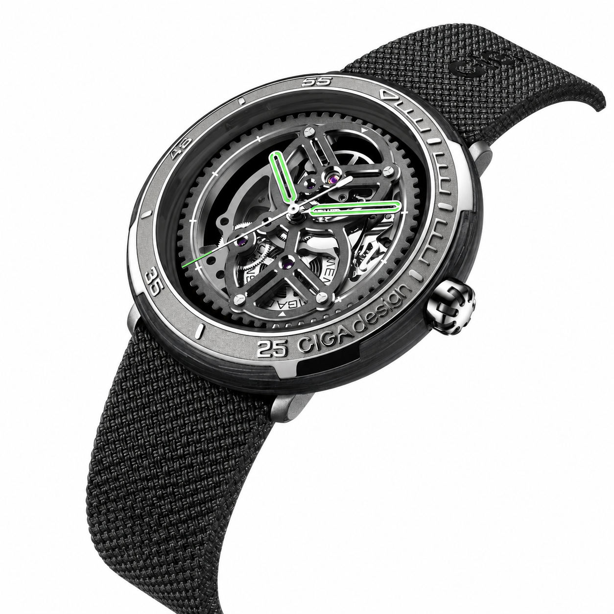 CIGA Design Vector Carbon skeleton automatic watch rear movement detail view displaying automatic calibre through transparent caseback
