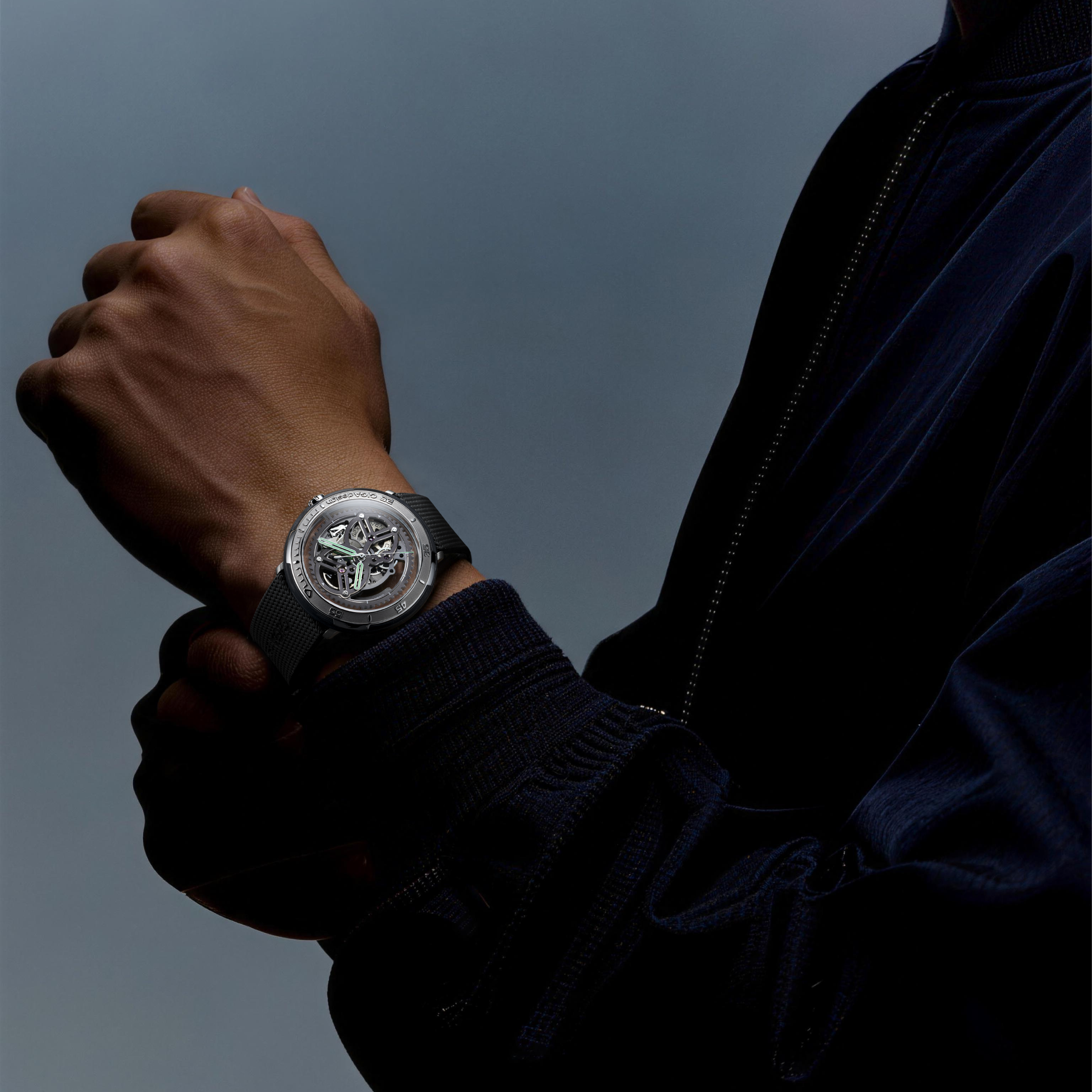 CIGA Design Vector Carbon skeleton automatic watch worn on wrist showcasing carbon titanium case and skeleton dial in lifestyle setting