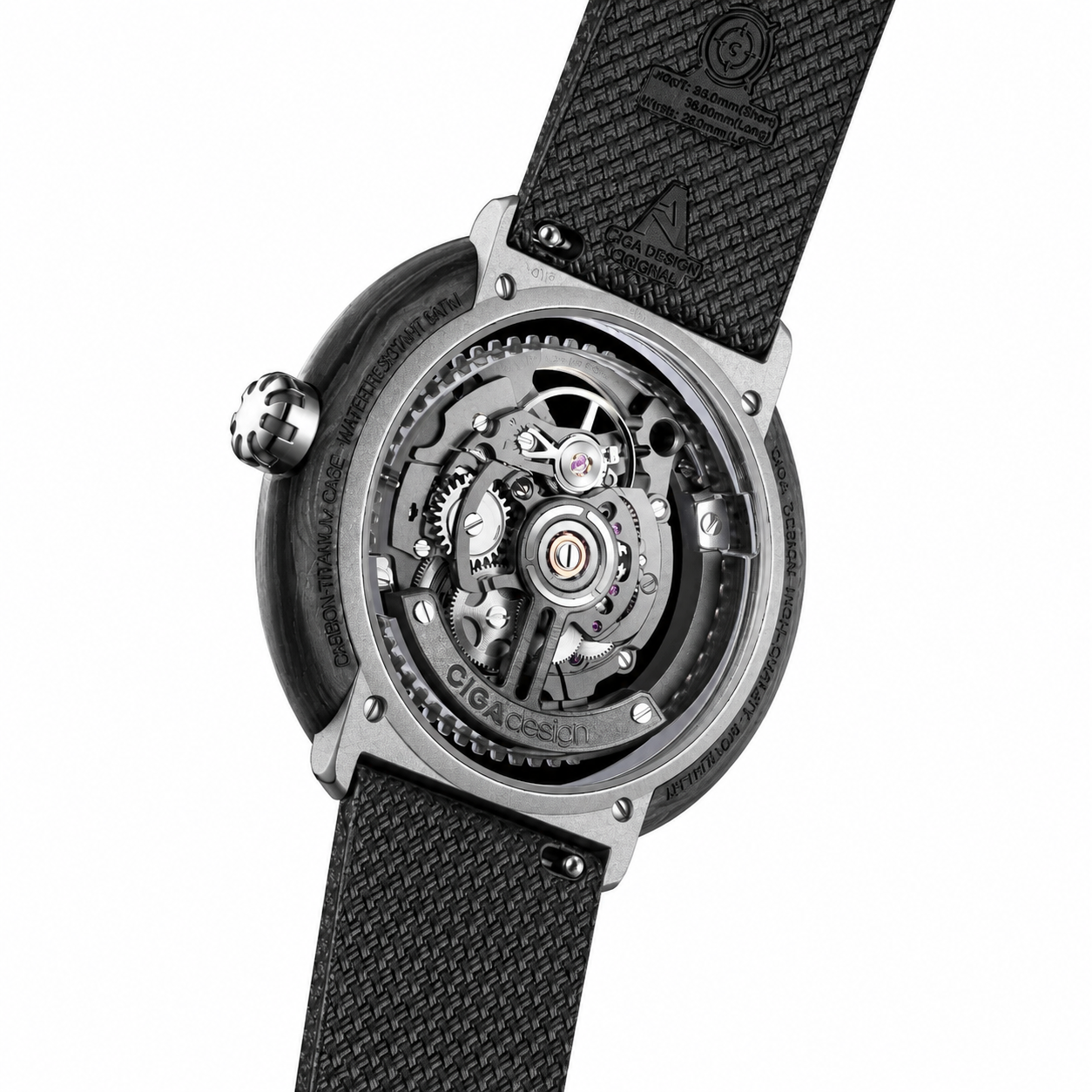 CIGA Design Vector Carbon skeleton automatic watch angled dial view with carbon titanium case and exposed movement