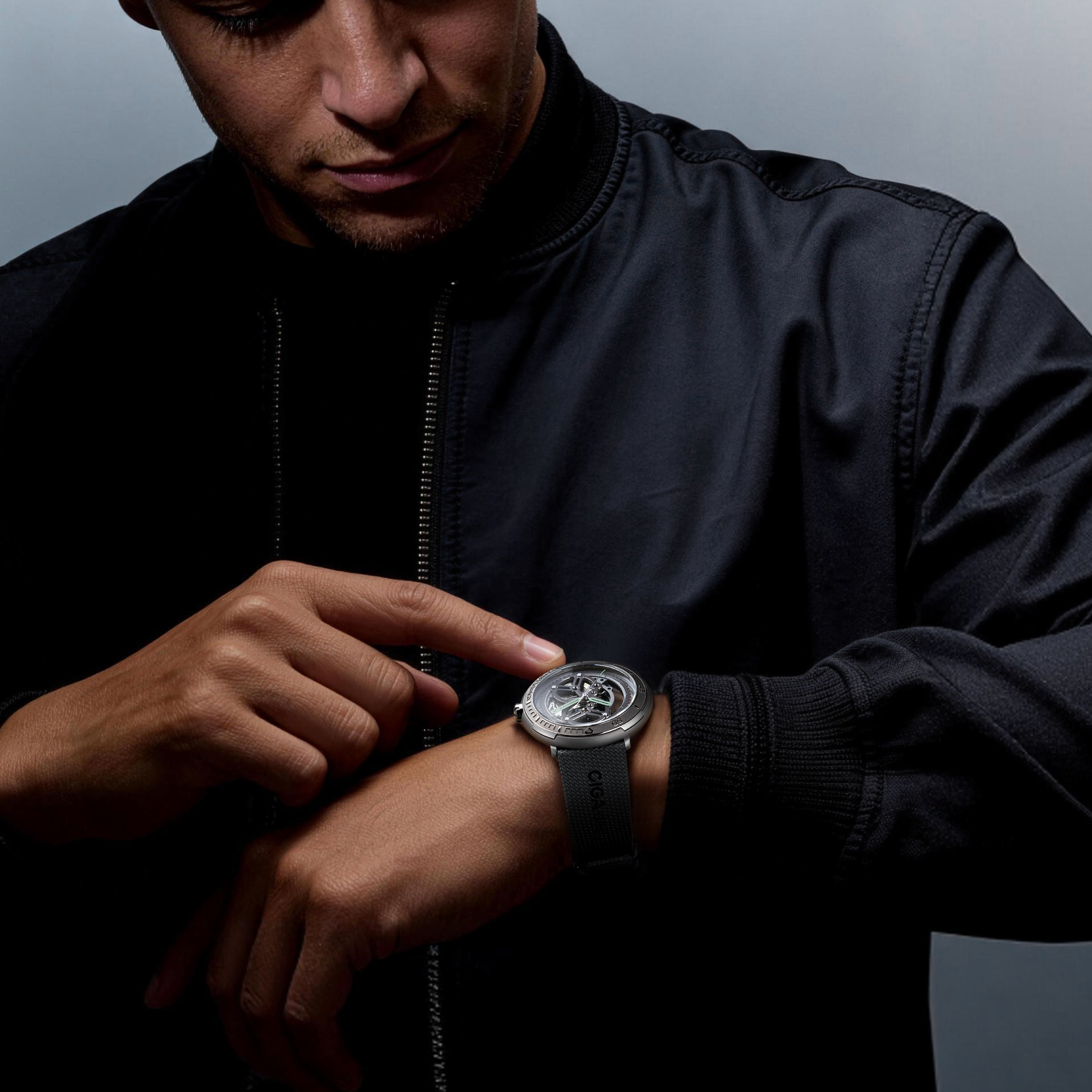 CIGA Design Vector Carbon skeleton automatic watch wrist shot highlighting carbon titanium case and exposed mechanical movement