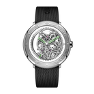 CIGA Design Vector Carbon Stainless Steel Edition skeleton automatic watch front dial view featuring stainless steel case, exposed mechanical movement and black woven rubber strap