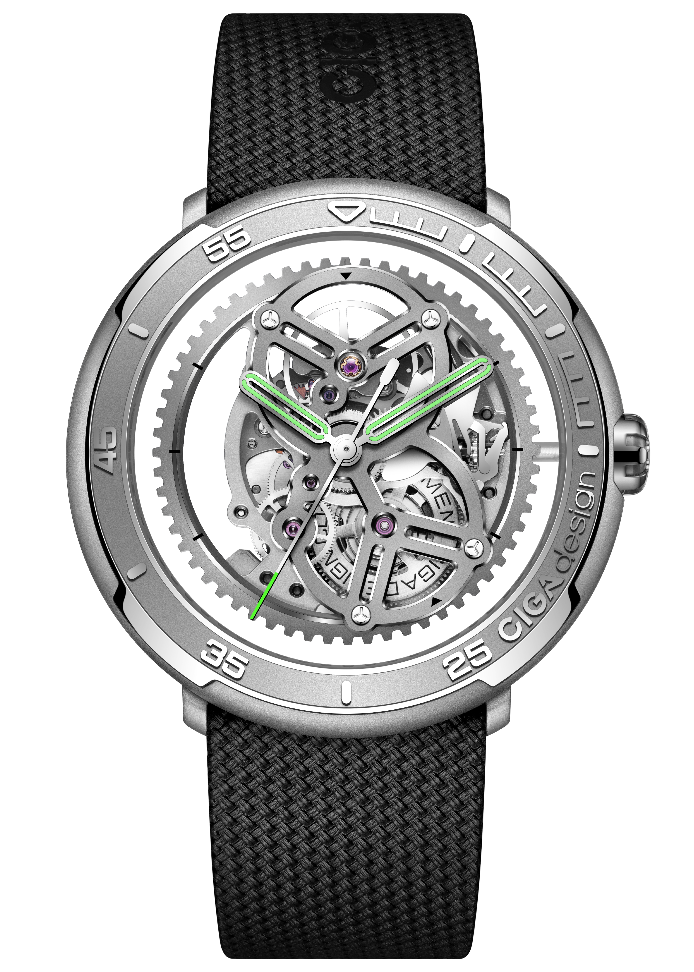 CIGA Design Vector Carbon Stainless Steel Edition skeleton automatic watch front dial view featuring stainless steel case, exposed mechanical movement and black woven rubber strap