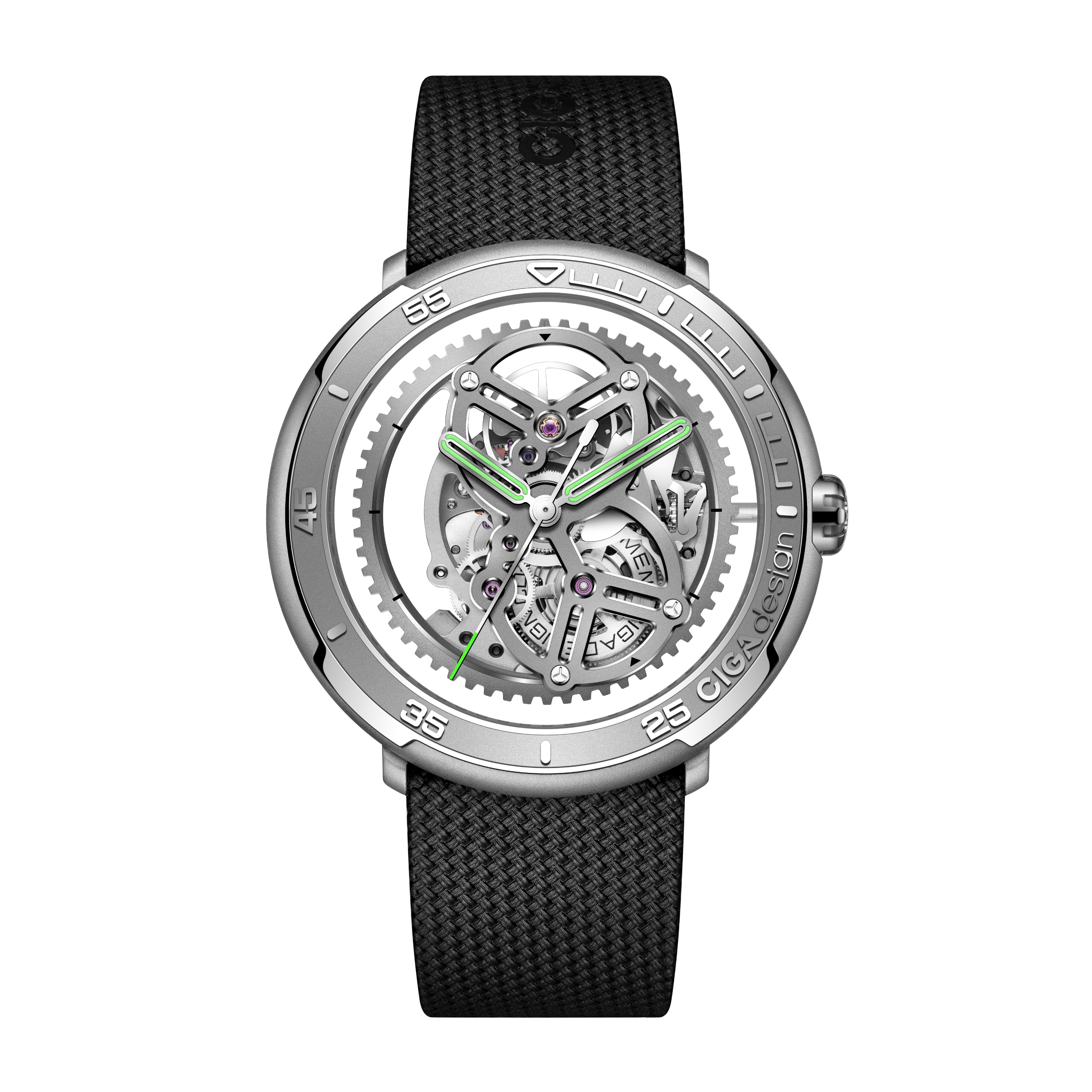 CIGA Design Vector Carbon Stainless Steel Edition skeleton automatic watch front dial view featuring stainless steel case, exposed mechanical movement and black woven rubber strap
