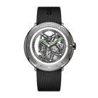 CIGA Design Vector Carbon Titanium Edition skeleton automatic watch front dial view featuring titanium case, exposed mechanical movement and black woven rubber strap