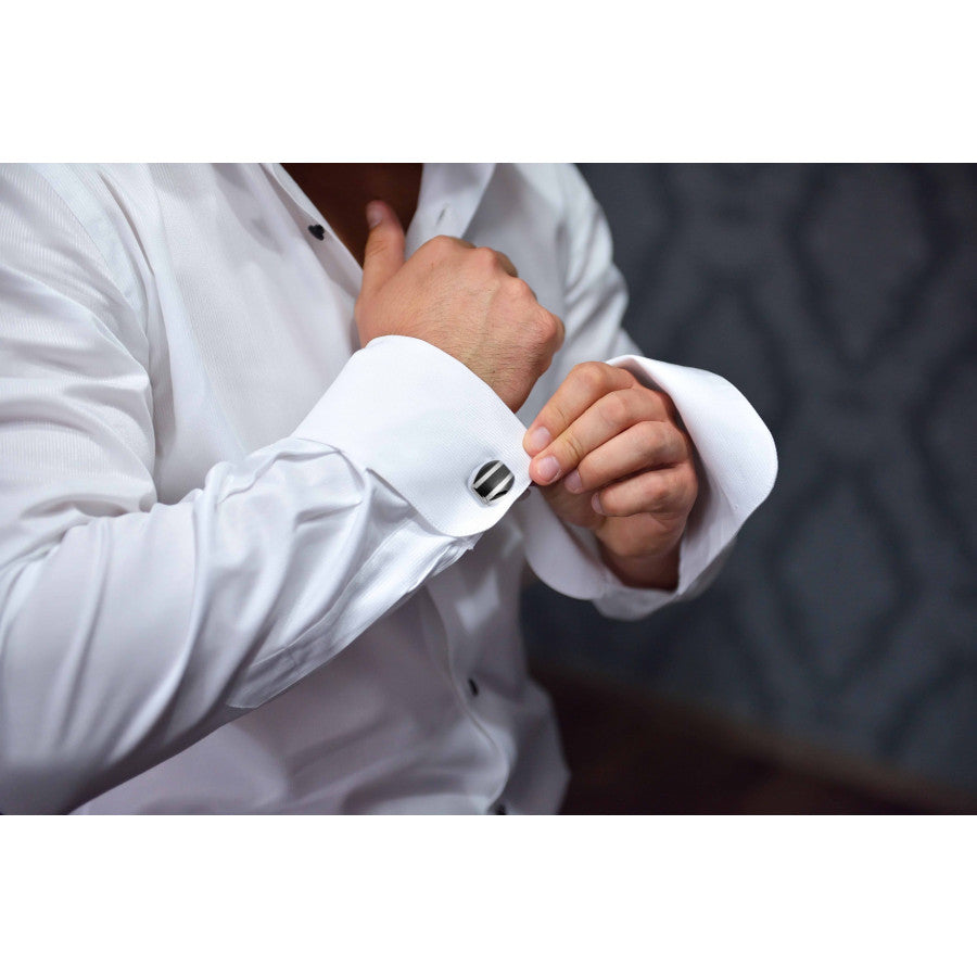 Deakin & Francis Cufflinks Sterling Silver Barrel Striped Onyx Inlay C0167X0004 Image 3