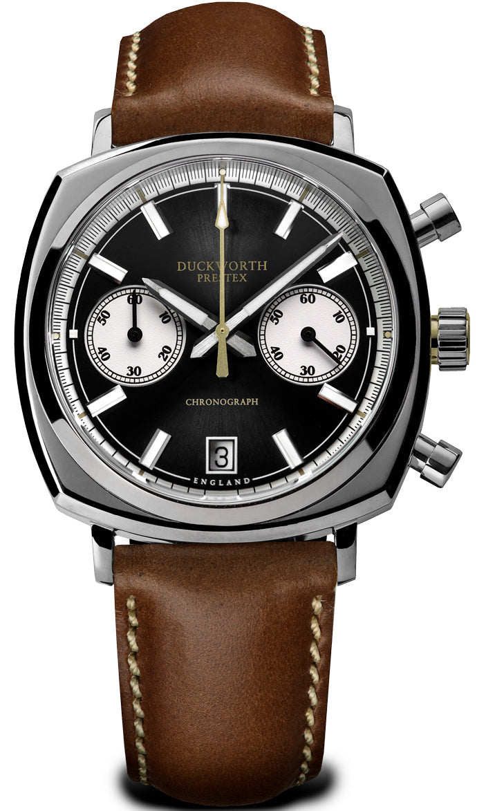 Duckworth Prestex Chronograph 42 Black Sunburst Tan Leather Watch D550-01-B Image 1
