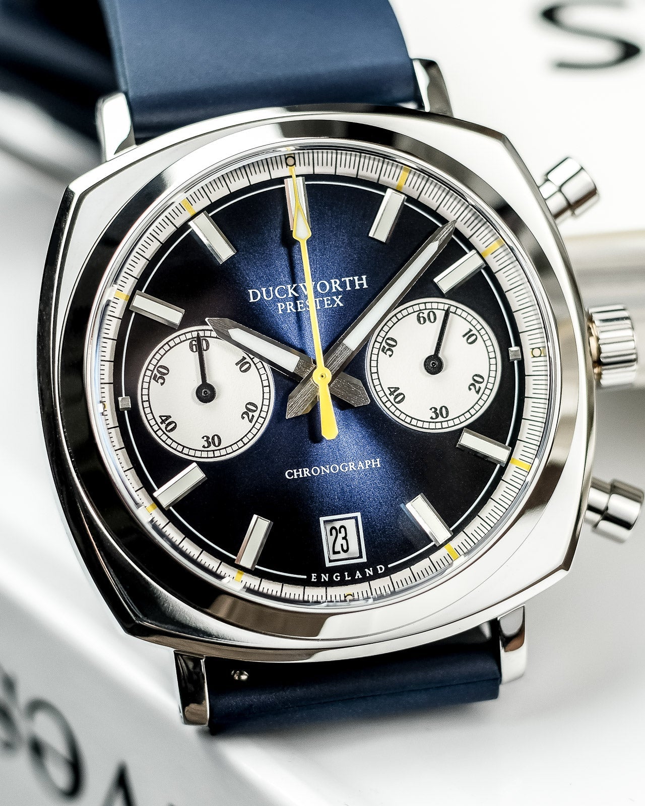 Duckworth Prestex Chronograph 42 Blue Sunburst Blue Rubber Watch D550-03-DR Image 4