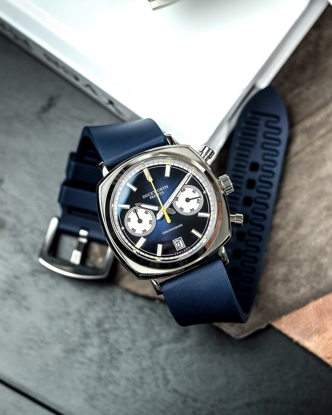 Duckworth Prestex Chronograph 42 Blue Sunburst Blue Rubber Watch D550-03-DR Image 5
