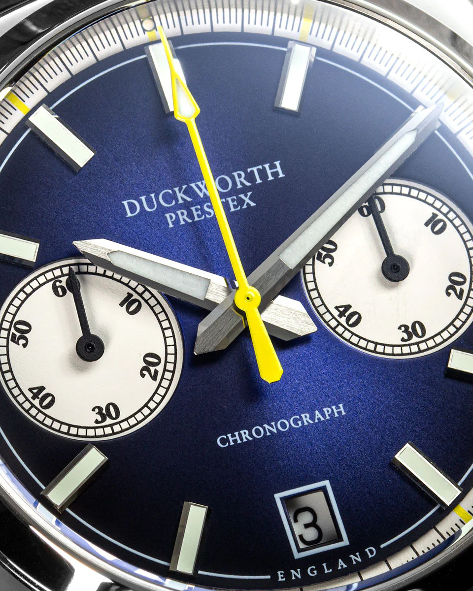 Duckworth Prestex Chronograph 42 Blue Sunburst Grey Leather Watch D550-03-G Image 3