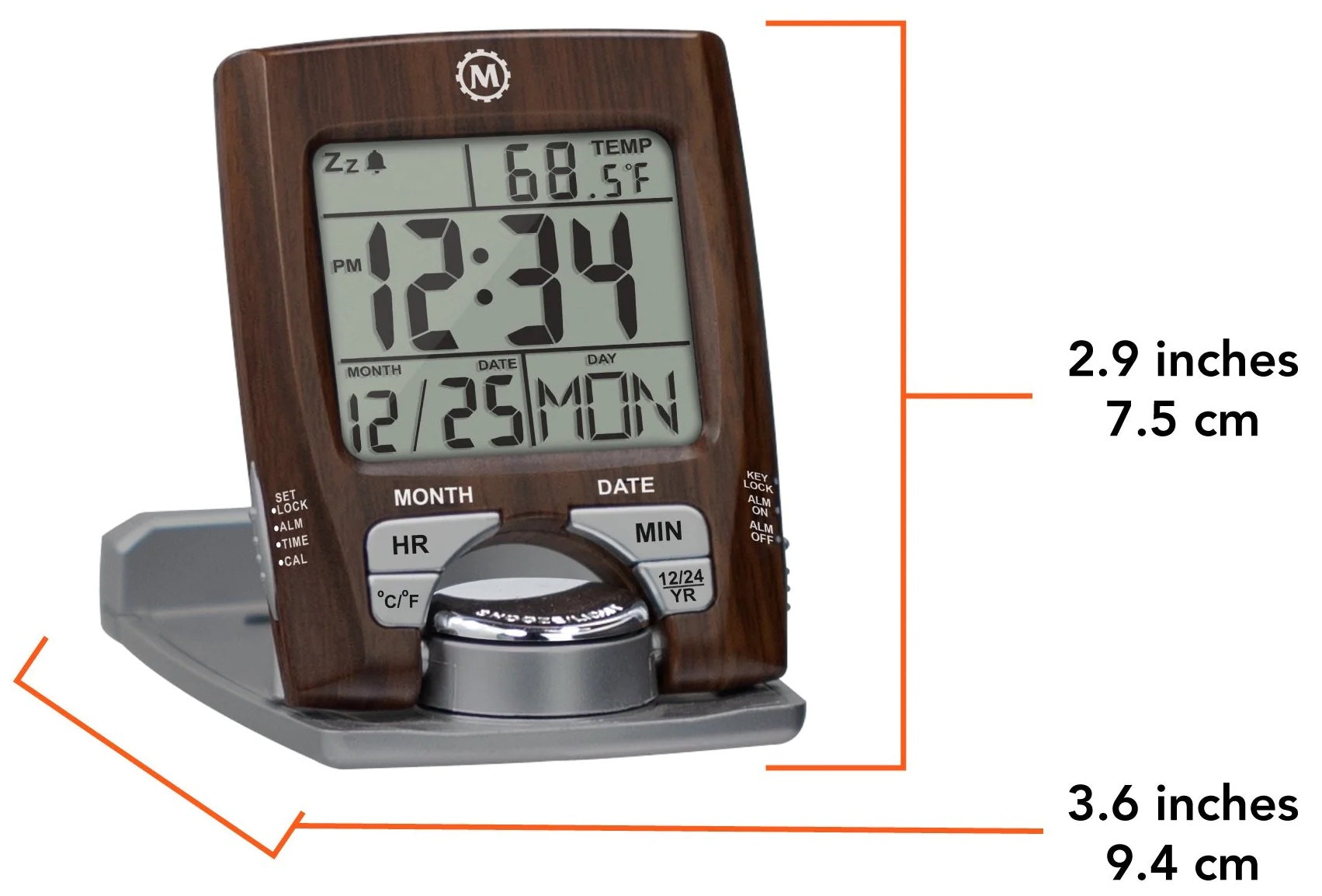 Marathon Clock Travel Alarm Calendar & Temperature Wood CL030023-WD-SV-NA Image 2