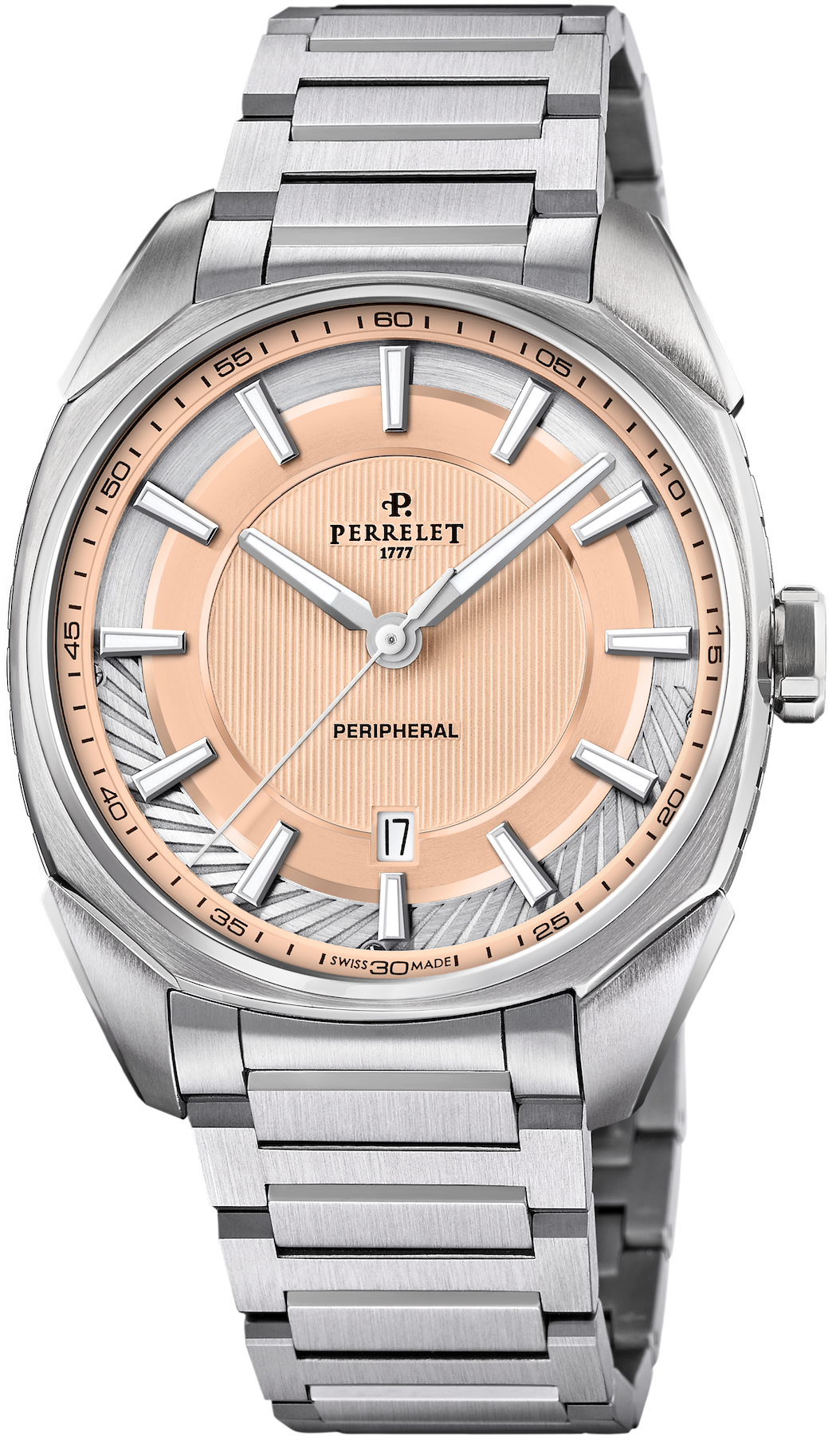 Perrelet LAB Peripheral 3 Hands & Date Salmon Bracelet Watch A1100/E Image 1