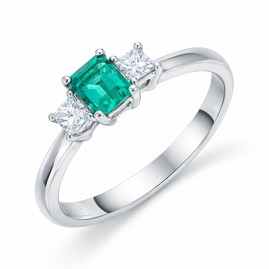 Platinum 0.43ct Emerald 0.20ct Diamond Square Cut Trilogy Ring TVO-419 Image 1
