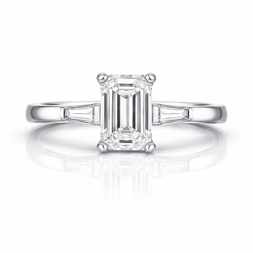 Platinum Diamond Emerald and Tapered Baguette Cut Three Stone Ring 18474 Image 2